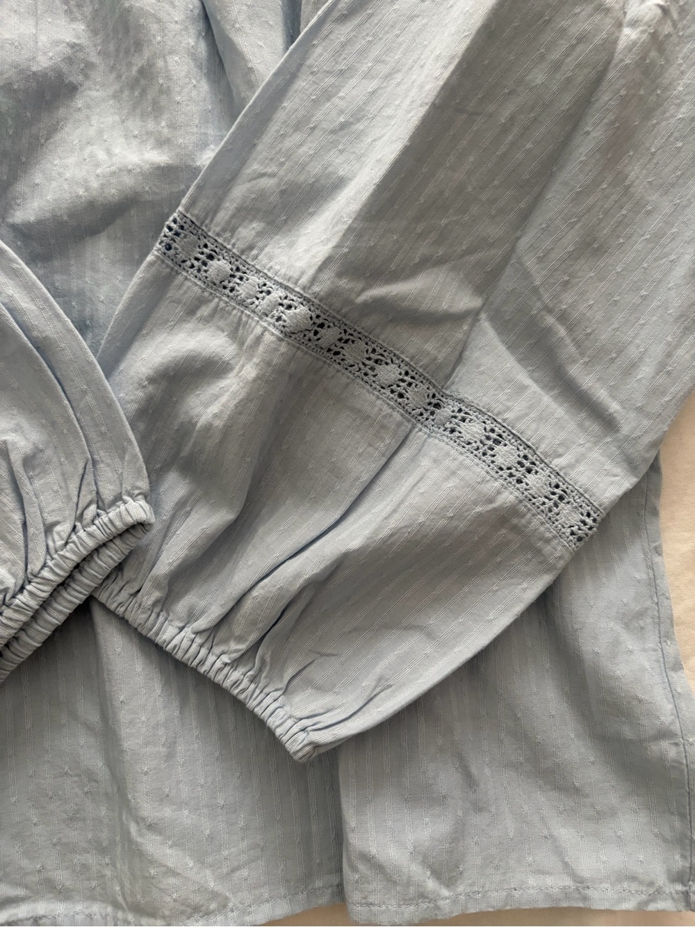 J. Crew Coastal Grandma Light Blue Cotton Lace Inset Peasant Long Sleeve Blouse - Picture 9 of 13